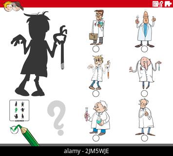 Cartoon Illustration der Suche nach dem richtigen Bild, um den Schatten Bildungs-Spiel mit lustigen Wissenschaftler-Charaktere Stock Vektor