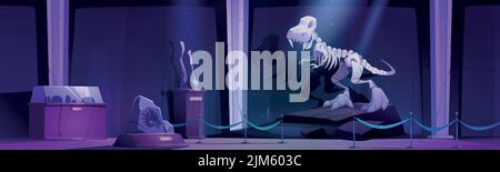 Nachtpaläontologisches Museum mit Dinosaurierskelett, Steinzeitwaffe und prähistorischem Molluskendruck auf Felsen. Tyrannosaurus rex Fossilien, antike Artefakte in der Archäologie Ausstellung Cartoon Vektor Illustration Stock Vektor