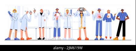 Ärzte und Krankenschwestern Krankenhauspersonal. Medizinfiguren in Uniform, Klinikpersonal Team tragen weiße Robe mit medizinischen Werkzeugen, Klemmbrett, Röntgen- oder Teststreifen, Spritze Line Art flache Vektor-Illustration Stock Vektor