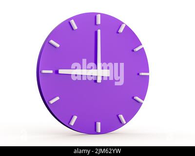 Minimal abstrakt 3D Rendering lila Wanduhr auf weißem Hintergrund . Zeit ist neun Uhr - 3D Illustration Stockfoto