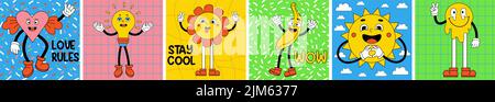 Setzen Sie groovige Retro-Cartoon-Aufkleber mit lustigen Comic-Figuren mit Gesichtern, Handschuhen und Füßen. Trendy Cartoon Sonne, Power-Blumen, Herz, Banane und Stock Vektor
