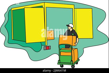 Eine Vektordarstellung eines Kuriers, der Boxen in einen LKW legt Stock Vektor