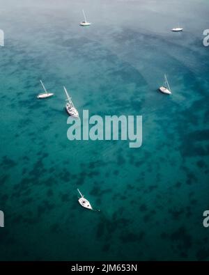 Eine schöne Luftaufnahme von Yachten, die in einem offenen blauen Meer segeln Stockfoto