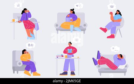 Träumende Menschen, Männer und Frauen denken an Liebe, Abschluss, Sommer, Karriere, eigenes Zuhause. Charaktere mit Gedankenblasen träumen von zukünftigen Leistungen, Geschäftserfolg, Ehe, Linear Flat Vector Set Stock Vektor