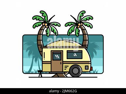 Illustration Design von einem Teardrop Camper und Kokosnussbaum Stock Vektor