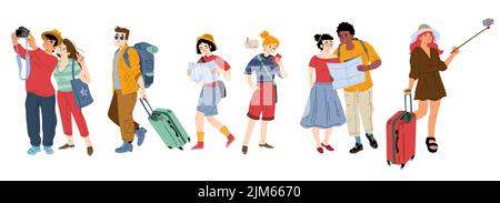 Touristen reisen, Menschen auf Ausflug. Junge Männer und Frauen sind mit Rucksäcken, Gepäck, Karte und Fotokameras unterwegs. Männliche und weibliche Charaktere im Ausland Reise, Line Art flache Vektor-Illustration, Set Stock Vektor