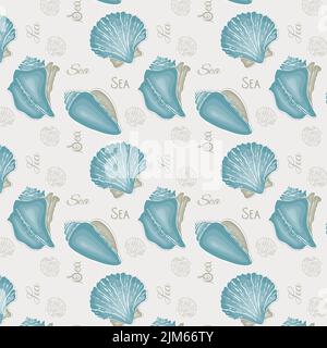 Muster Seashell handgezeichnete Doodle-Zeichnung, Text Meer, blaue Farbe. Vektorgrafik Stock Vektor