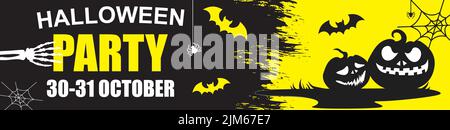 Fröhliches Halloween-Banner. 30-31 oktober Urlaubsvektor. Einladung zur Herbstparty. Website-Header-Vorlage mit gruseligen Kürbis, Spinnennetz und Flyin Stock Vektor