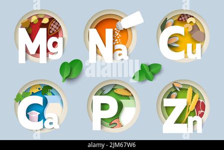 Ernährung Mineralien Papier geschnitten Kunst Stil Vektor. Abbildung: Magnesium, Natrium, Kupfer, Phosphor, Kalzium und Zink für Lebensmittelkomponenten. Vitaminzusatz Stock Vektor