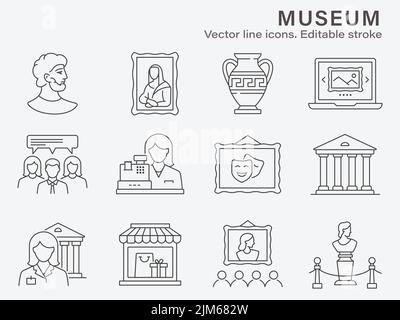 Museenikone-Set. Sammlung von Skulpturen, Geschichte, Antike, Galerie und mehr. Vektorgrafik. Bearbeitbare Kontur. Stock Vektor