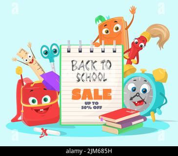 Back to School Verkauf Förderung Vektor Illustration. Rabatt bis zu 50 Prozent auf Werbung. Zum halben Preis für Bildungsinhalten. Schulbedarf wi Stock Vektor