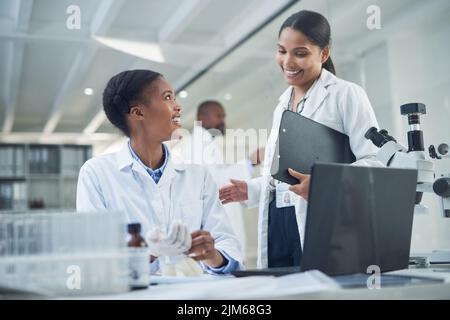 Inspirierende Köpfe inspirieren sich gegenseitig. Zwei junge Wissenschaftler diskutieren in einem Labor. Stockfoto