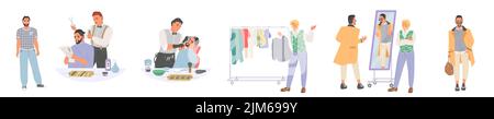 Mode-Typ-Vektor. Stilvoller Mann im Friseurladen oder im Bekleidungsgeschäft isoliertes Illustrationsset. Männlich Modell Pflege über das Aussehen. Modische Menschen A Stock Vektor