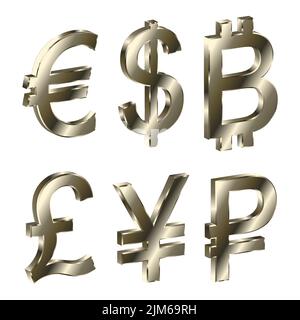 Satz von sechs illustrierten goldenen Währungssymbolen. Dollar, Euro, Rubel, Pfund, Yen, Yuan und Bitcoin Zeichen. EPS10. Stock Vektor
