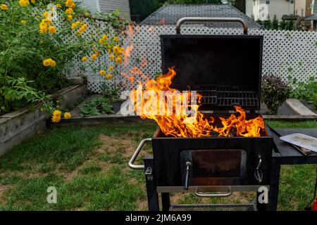 Helles Brennen in Metallkästchen Protokolle Brennholz für Grill im Freien an sonnigen Tag. Orange hohe Flamme und weißer Rauch auf verschwommenem blauen Himmel und grünem Gras Stockfoto