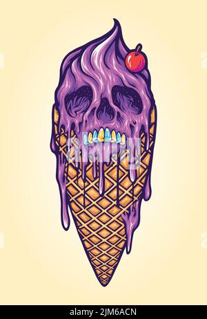 Schmelzender Schädel Eis Konus Vektor Illustrationen für Ihre Arbeit Logo, Merchandise T-Shirt, Aufkleber und Label-Designs, Poster, Grußkarten Werbung Stock Vektor