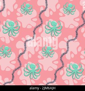 Blaue Krake auf rosa Hintergrund nahtlose Muster für Baby-Kleidung, Vektor-Illustration Stock Vektor