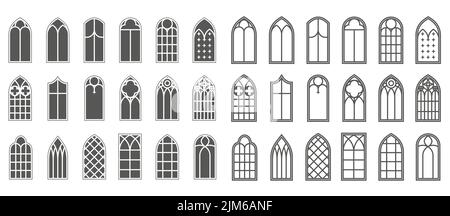 Kirchenfenster gesetzt. Silhouetten von gotischen Bögen in Linie und Glyphe klassischen Stil. Alte Kathedralenglasrahmen. Mittelalterliche Inneneinrichtung. Vektor-Illus Stock Vektor