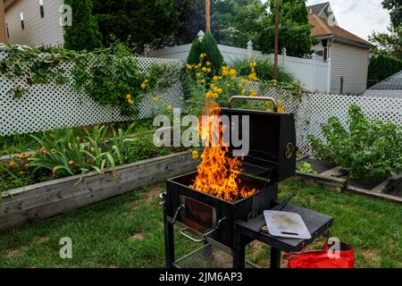 Helles Brennen in Metallkästchen Protokolle Brennholz für Grill im Freien an sonnigen Tag. Orange hohe Flamme und weißer Rauch auf verschwommenem blauen Himmel und grünem Gras Stockfoto