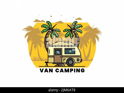 Illustration Design von einem Teardrop Camper und Kokosnussbaum Stock Vektor