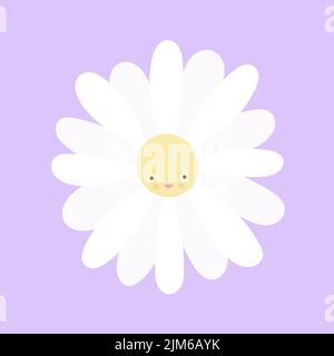 Gänseblümchen-Charakter mit lächelndem Gesicht. Violette Farbe. Für Wohnkultur, Babydusche, Kinderzimmer, Geburtstag. Vektorgrafik, flaches Design Stock Vektor