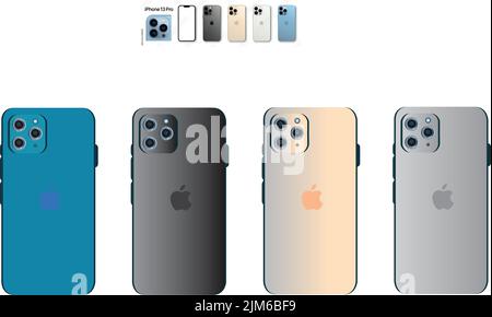IRealistic iPhone 13 Pro. Smartphone Mockup Graphite, Gold, Silber, Sierra Blue Farbe. Modelle Smartphone mit transparenten Bildschirmen. Stock Vektor