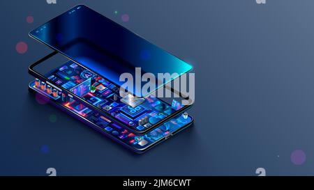 Entwicklungskonzept für mobile Telefonanwendungen. Entwicklung von Software, Hardware von mobilen Geräten. Entwicklung von Telefonanwendungen. Elektronische Welt im Smartphone Stock Vektor