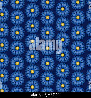 Gänseblümchen. Nahtloses Vektormuster. Ein endlos wiederholendes Ornament. Isolierter blauer Hintergrund. Flacher Style. Heller floraler Hintergrund. Sommerblume. Stock Vektor