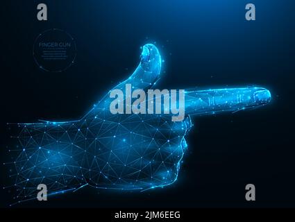 Polygonale Vektorgrafik mit Fingerpistole auf dunkelblauem Hintergrund. Handgestensignal mit niedrigem Poly-Design. Handaufnahme Gestenkonzept Stock Vektor