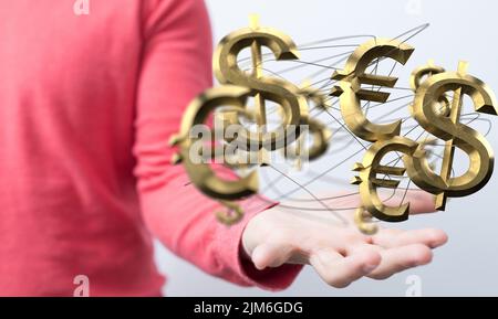 Eine Darstellung von Dollar- und Euro-Symbolen aus dem jahr 3D, die über dem Konzept der menschlichen Hand und der globalen Wirtschaft schweben Stockfoto