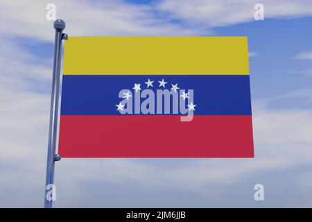 Eine 3D Illustration der Flagge Venezuelas mit einem Chrom-Fahnenmast mit Karabinerhaken in einem blauen Himmel Stockfoto