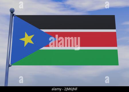 Eine 3D Abbildung der Flagge des Südsudan mit einem Chrom-Fahnenmast mit Karabinerhaken in einem blauen Himmel Stockfoto