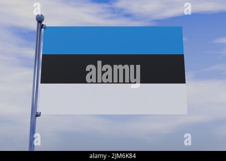 Eine 3D Illustration der Flagge Estlands mit einem verchromten Fahnenmast mit Karabinerhaken in einem blauen Himmel Stockfoto