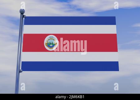 Eine 3D Illustration der Flagge von Costa Rica mit einem Chrom-Fahnenmast mit Karabinerhaken in einem blauen Himmel Stockfoto