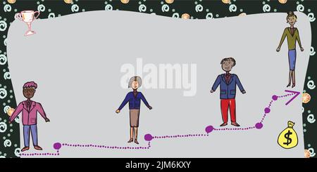 Business Team Steht Auf Der Treppe Zum Erfolg Mit Trophäe Und Geld Tasche An Den Seiten. Geschäftsleute Und Geschäftsfrauen Präsentieren Wichtige Entwicklung Stock Vektor