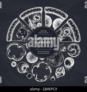 Pizzabranz-Design. Handgezeichnete griechische, margherita, Pepperoni, Veggie, Schinken und Pilze sowie Pizza mit Meeresfrüchten. Stock Vektor