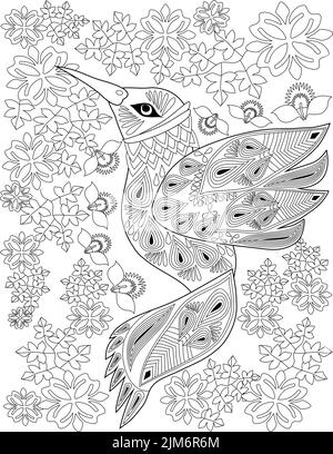 Malbuch Seite Mit Schönen Vogel Mit Verschiedenen Blumen Im Hintergrund. Blatt Mit Detaillierten Flying Creature Mit Verschiedenen Pflanzen In Gefärbt Werden Stock Vektor