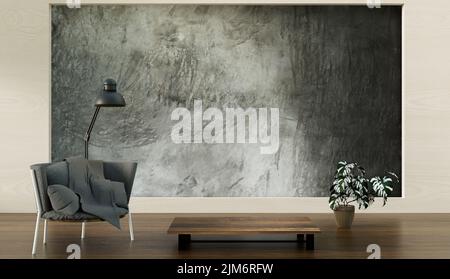 Mock-up-Zimmer mit Rückenlehne im Loft-Stil, Sofastuhl im durchsichtigen Zimmer-Mock-up, 3D-illustrationen Stockfoto