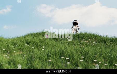 Kleiner bot zu Fuß im Grasfeld, freundliche Technik und Umwelt Konzept, 3D Illustration Rendering Stockfoto