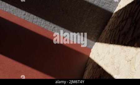 3D Rendern. Hochwertige 3D-Illustration. Zimmer in einer gedrehten Vorderansicht mit zwei Wänden und dem Boden. Raum, um Modelle und Produkte mit einer Struktur aus Stein und rotem Sandstein auszustellen. Stockfoto