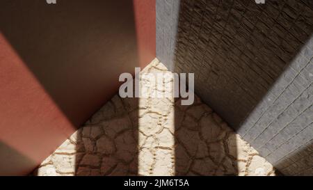 3D Rendern. Hochwertige 3D Illustration Draufsicht auf einen Raum mit drei vertikalen Leuchten. Strukturierte Wände und Böden. Leerer Showroom mit roter Wand. Steinfliesen an der Wand. Sandboden mit Rissen. Stockfoto