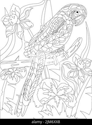 Malbuch Seite Mit Stehen Auf Baum Papagei Mit Verschiedenen Blumen Im Hintergrund. Blatt, Das Mit Exotischem Vogel Auf Zweig Gefärbt Werden Soll. Farbenfroh Stock Vektor