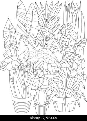Malbuch-Seite Mit Verschiedenen Blumen In Töpfen. Blatt, Das Mit Verschiedenen Pflanzen In Eimern Gefärbt Werden Soll. Große Blätter Gehen Nach Oben. Blühende Kräuter. Stock Vektor