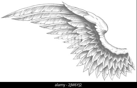 Eine digitale schwarz-weiße Tattoo-Illustration eines Engelsflügels Stockfoto
