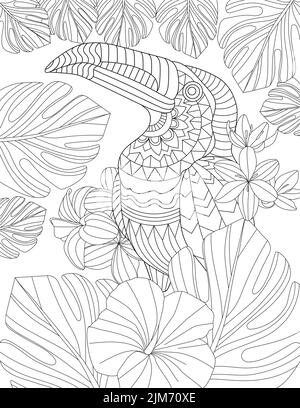 Malbuch Seite Mit Stehen Auf Baum Papagei Mit Verschiedenen Blumen Im Hintergrund. Blatt, Das Mit Exotischem Vogel Auf Zweig Gefärbt Werden Soll. Farbenfroh Stock Vektor