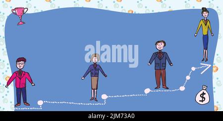 Business Team Steht Auf Der Treppe Zum Erfolg Mit Trophäe Und Geld Tasche An Den Seiten. Geschäftsleute Und Geschäftsfrauen Präsentieren Wichtige Entwicklung Stock Vektor
