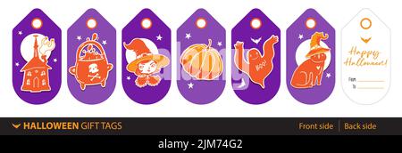 Set von Halloween Geschenkanhänger. Vektor-Sammlung von Namen Geschenk-Tags mit halloween-Themen-Urlaub Illustrationen in niedlichen lustigen Cartoon-Stil. Halloween-Labor Stock Vektor
