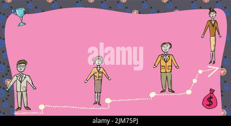 Business Team Steht Auf Der Treppe Zum Erfolg Mit Trophäe Und Geld Tasche An Den Seiten. Geschäftsleute Und Geschäftsfrauen Präsentieren Wichtige Entwicklung Stock Vektor