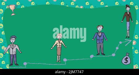 Business Team Steht Auf Der Treppe Zum Erfolg Mit Trophäe Und Geld Tasche An Den Seiten. Geschäftsleute Und Geschäftsfrauen Präsentieren Wichtige Entwicklung Stock Vektor