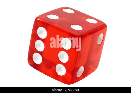 Ein einziger Würfel, der im Casino-Spiel des Würfelspieles verwendet wird, zeigt 4 oben isoliert auf weißem Hintergrund mit Clipping Path Cutout-Konzept für das Spielen von Brettspielen Stockfoto